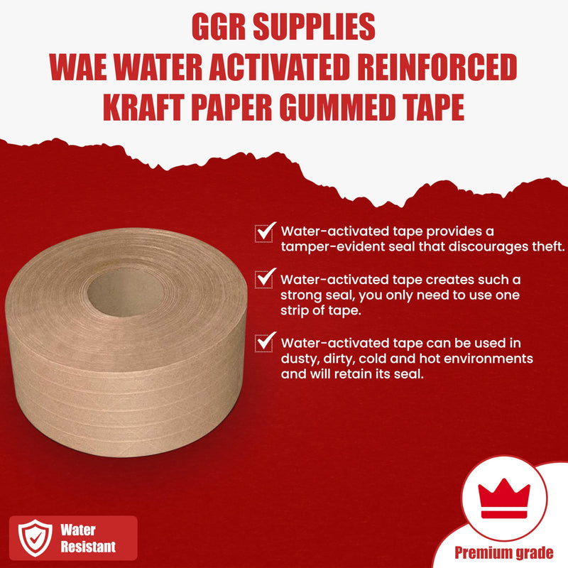 GGR Supplies T.R.U. WAT-WAE Water Activated Reinforced Kraft Paper Gummed Tape – Tamper Evident Packing Tape for Shipping, Moving & Carton Sealing, 2.75 in x 375 ft. 3 in. x 375 ft. (Pack of 1)