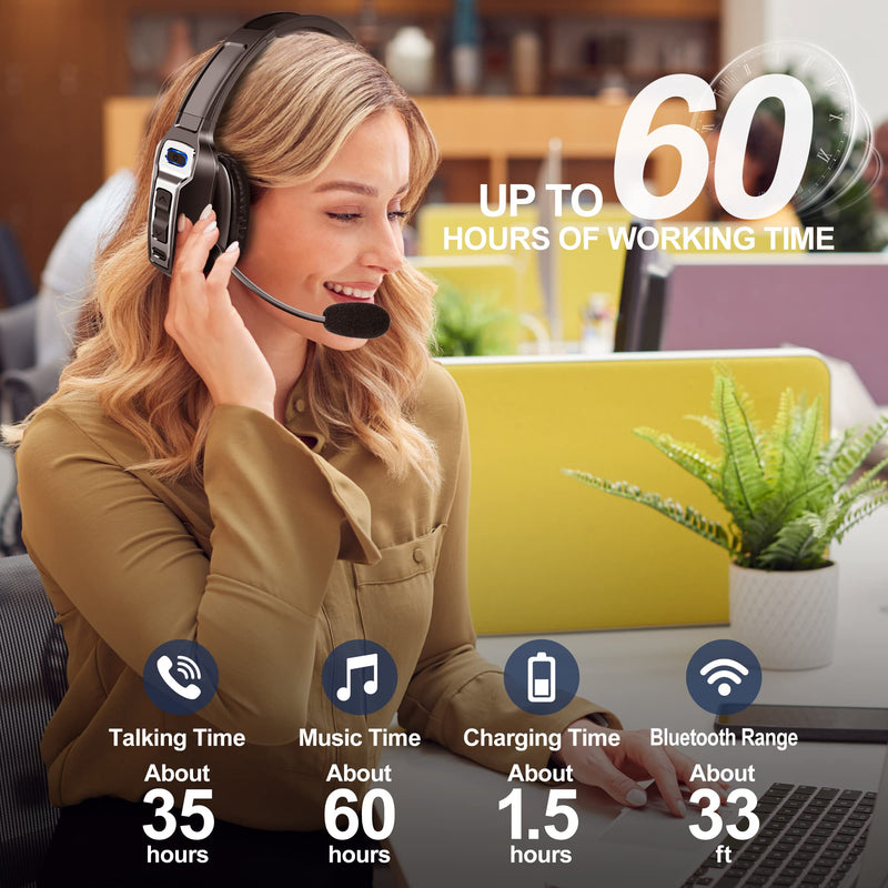 [Australia - AusPower] - Trucker Bluetooth Headset, V5.2 Wireless Headset with Upgraded Microphone AI Noise Canceling, On Ear Bluetooth Headphone with Mute for Driver Office Call Center (Black) Black 