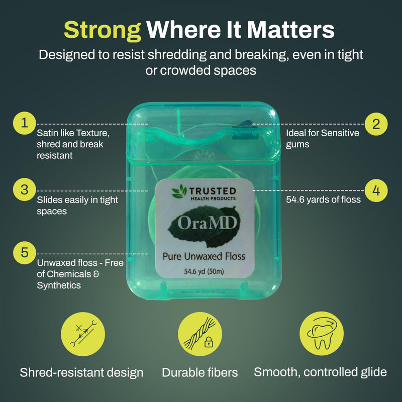 OraMD Oral Care Pure Unwaxed Dental Floss 54.6 Yards - PFAS-Free, Chemical Free, Shred Resistant - Unscented and Ultraclean Plaque Removal - Teeth and Gum Protection for Adults - Pack of 6 Six Dental Floss