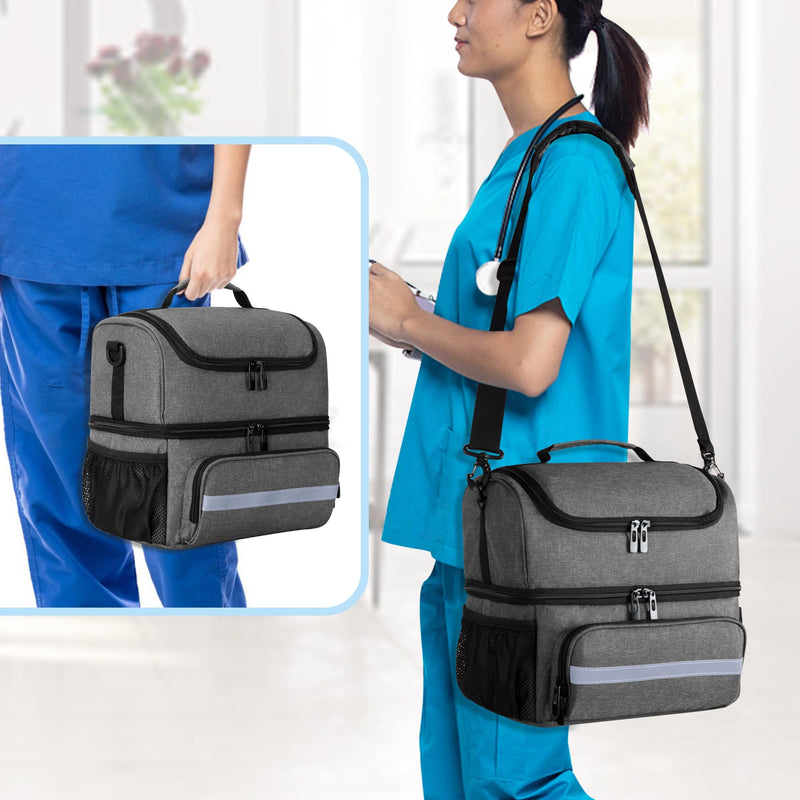 Curmio Double Layer Medical Bag, Travel Pharmacy Bag, Grey | Detachable shoulder strap, reflective strips, carrying handle, for medicine bottle/vitamins/medical supplies, emergency bag, empty, grey