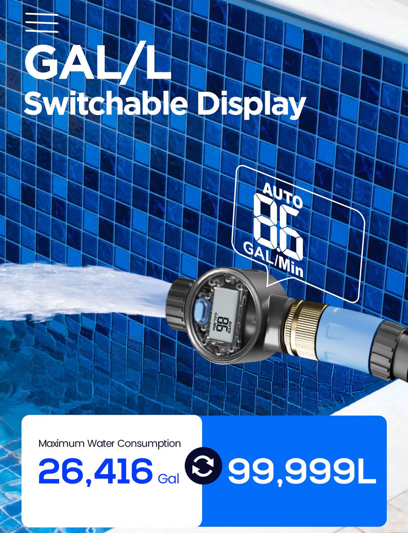 [Australia - AusPower] - 1 Pakc- Water Flow Meter with Brass Inlet, Measuring Gallon/Liter Consumption and Flow Rate for Outdoor Garden Hose Watering, RV Essentials Water Tank Filling, Sprinkler and Nozzle Sprayer 