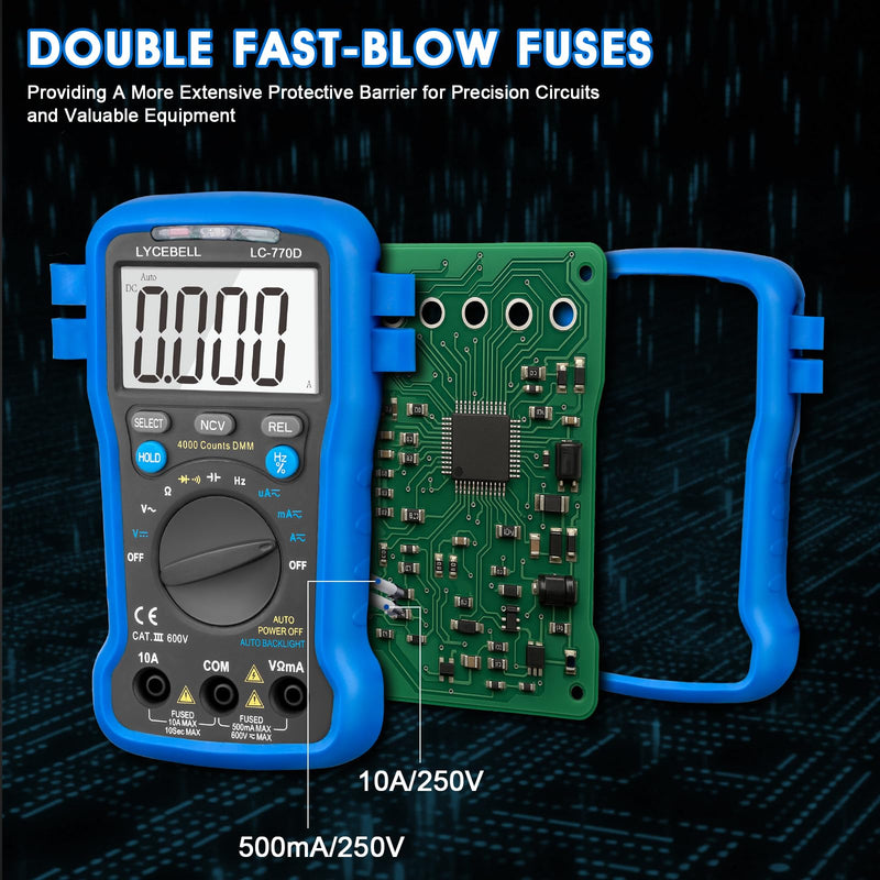 [Australia - AusPower] - Digital Multimeter Tester 4000 Counts, AC DC Volt Ohm Amp Meter Auto Ranging Circuit Electrical Tester Tools Test Voltage, Current, Resistance, Diodes, Batteries Automotive Multimeter Kit 