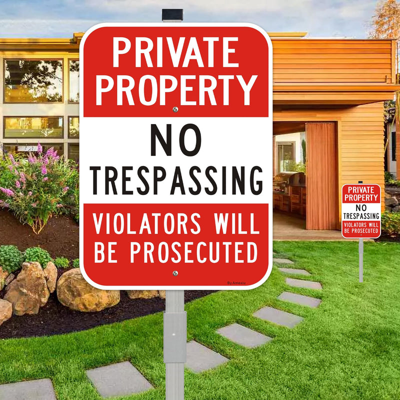 Large (2 Pack) No Trespassing Sign Private Property, 10 x 14 Inches Metal Signs Includes 36" Alloy Long Stake for Easy Installation, Rust-Free& Fade Resistant 10" x 14" with stake