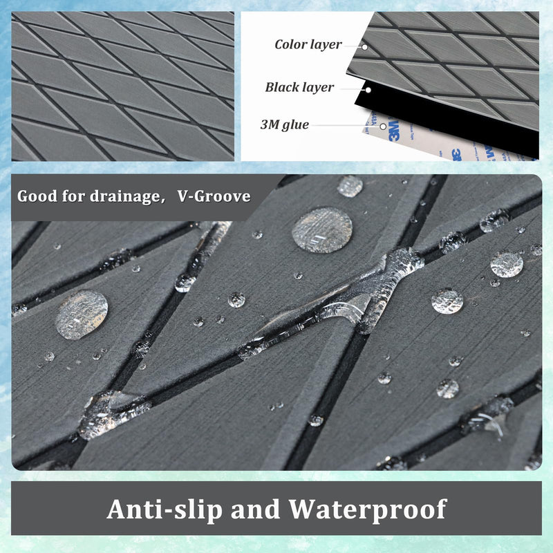 HXBYX EVA Foam Boat Flooring with 3M Adhesive Backing 6mm Thick Diamond Sea Deck Boat Carpet Marine Non-Slip Self-Adhesive Flooring Sheet for Kayak Yacht SwimPool RV 94"x43.9"/28.3"/15.3" Dark Grey With Black Seam Lines 94"x15.3"-10.12sqft