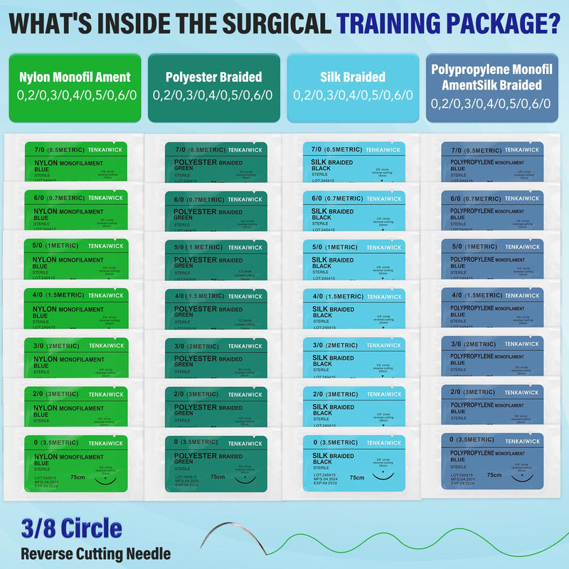 [Australia - AusPower] - 28 Packs Sutures Thread with Needle,Mixed Sutures, Training Threads(0,2/0,3/0,4/0,5/0,6/0,7/0) for Practicing Suturing can be Used for Suture Pads, Fruit peels,4 Material 28 
