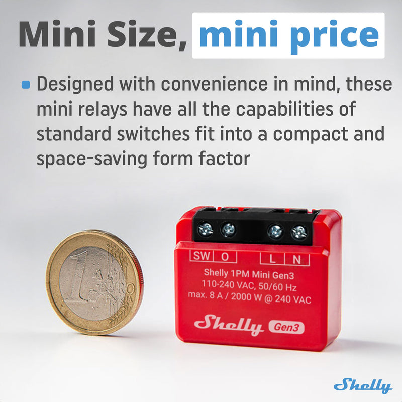 Shelly 1PM Mini Gen3 | WiFi Smart Switch Relay, 1 Channel 8A with Power Measurement | Home Automation | Bluetooth Gateway | Compatible with Alexa & Google Home | No Hub Required (2 Pack) 2