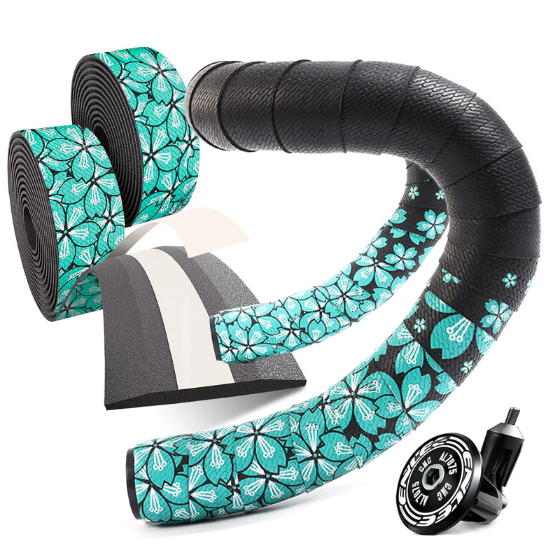 Bike Handlebar Tape EVA (Set of 2), Road Bike Handlebar Tapes, Handle Bar Tape for Road Bike, Cherry Blossom Pattern with 4pcs Handlebar End Plugs, Soft Comfortable-Enhance Your Bike Grip Black Green