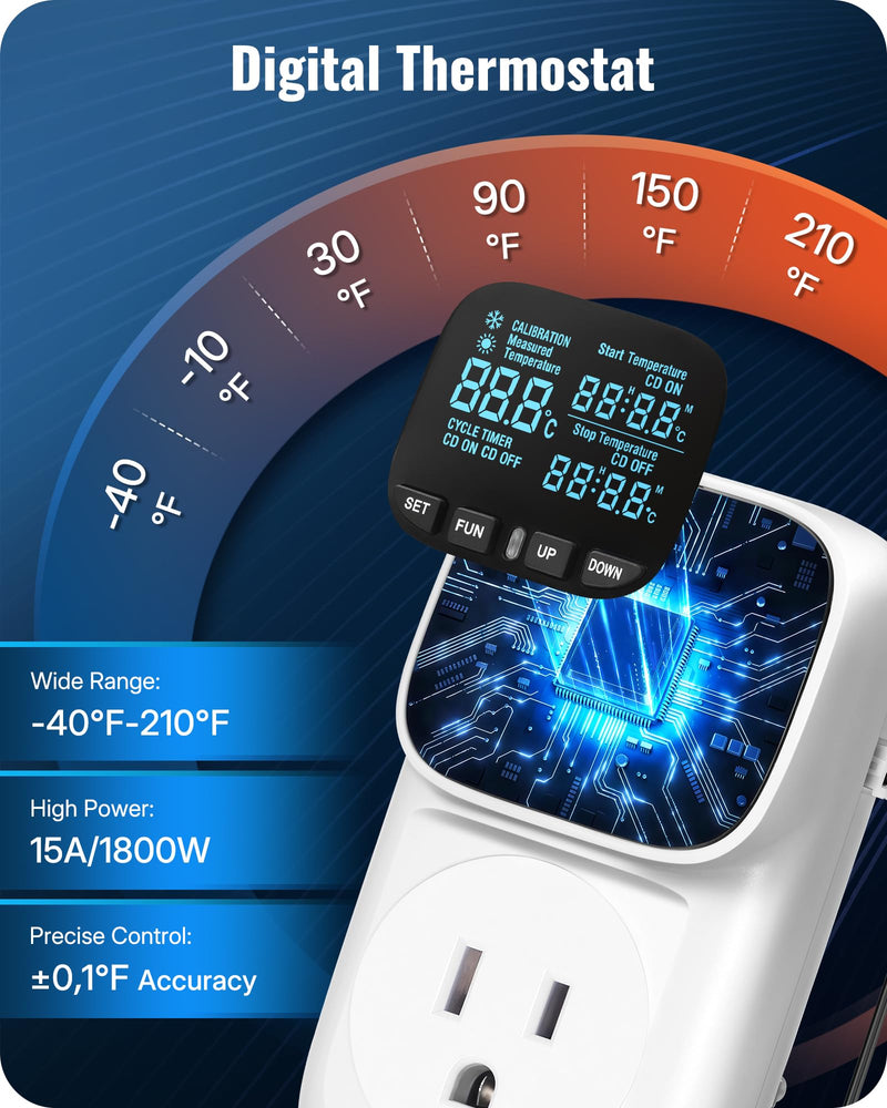 [Australia - AusPower] - Digital Temperature Controller Outlet, 15A/1800W Heavy Duty Thermostat Plug, VA LCD Display, Heating/Cooling Control, -40°F~210°F, 4 Timer Modes, for Greenhouse Incubator Homebrew W01TC06 