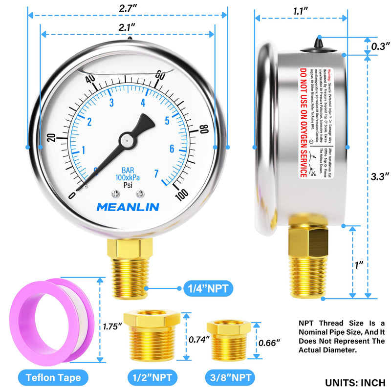 [Australia - AusPower] - MEANLIN MEASURE 0~100Psi Stainless Steel 1/4" NPT 2.5" FACE DIAL Liquid Filled Pressure Gauge WOG Water Oil Air Lower Mount, with 1/4" x 1/2" NPT and 1/4" x 3/8" NPT Hex Bushing 0-100Psi 