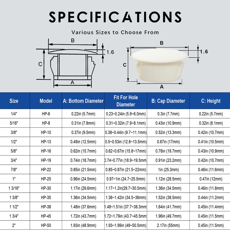 [Australia - AusPower] - 5/16"(8mm) White Plastic Plugs Snap in Locking Hole Panel Plugs Fastener Covers for Kitchen Cabinet Furniture Electric Boxes, Door Screw Hole Cover, Sheet Metal Tube Pipe Choke Plug, 70PCS 8mm(5/16") 