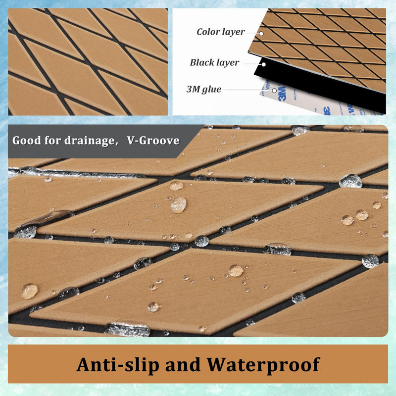 HXBYX EVA Foam Boat Flooring with 3M Adhesive Backing 6mm Thick Diamond Sea Deck Boat Carpet Marine Non-Slip Self-Adhesive Flooring Sheet for Kayak Yacht SwimPool RV 94"x43.9"/28.3"/15.3" Brown With Black Seam Lines 94"x15.3"-10.12sqft
