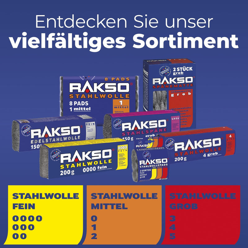 RAKSO Steel Wool Extra Fine 0000-8 Pads, Polished Waxed Wood, Copper, Brass, Frosted Surfaces, Cleans Glass 1 pack of 8 pieces.