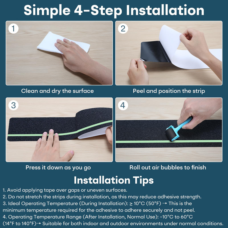10 Pack 4” x 30” Anti Slip Traction Treads with Glow in The Dark Stripe, Outdoor Waterproof Non Skid Pre-Cut Tape with Roller, High Traction Friction Abrasive Adhesive for Stairs Step 4" x 30" & 10-Pack Black with Glow in the Dark Strips