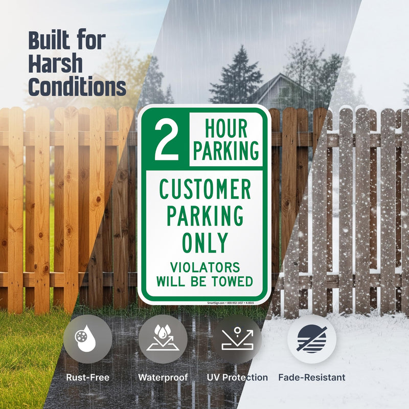 SmartSign 2 Hour Parking Customer Parking Only Violators Towed Sign (2-Pack), 12 x 18 inch, 80 mil thick Aluminum Composite (ACM), Pre-Drilled Holes, Green and White, Made in USA