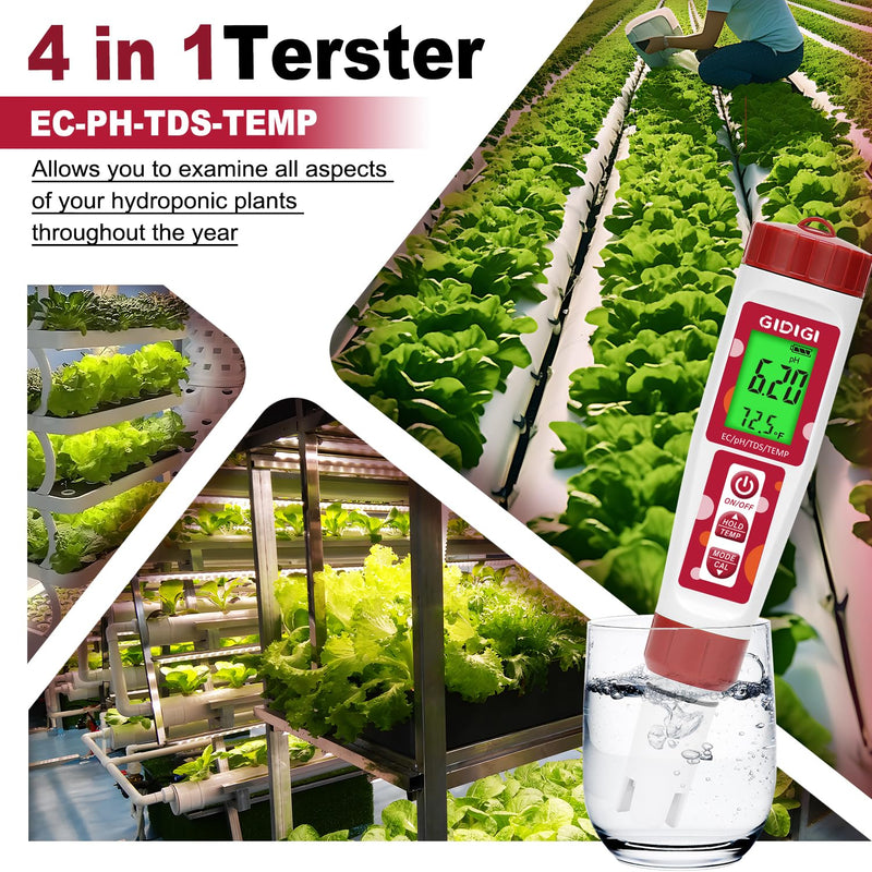 [Australia - AusPower] - pH Meter for Water, 4 in 1 EC PPM Temp pH Tester for Hydroponic, TDS Water Tester for Drinking Water, Digital pH Meter with Backlit & ATC for Hydroponic Nutrient, Pool, Aquarium, Home Use 