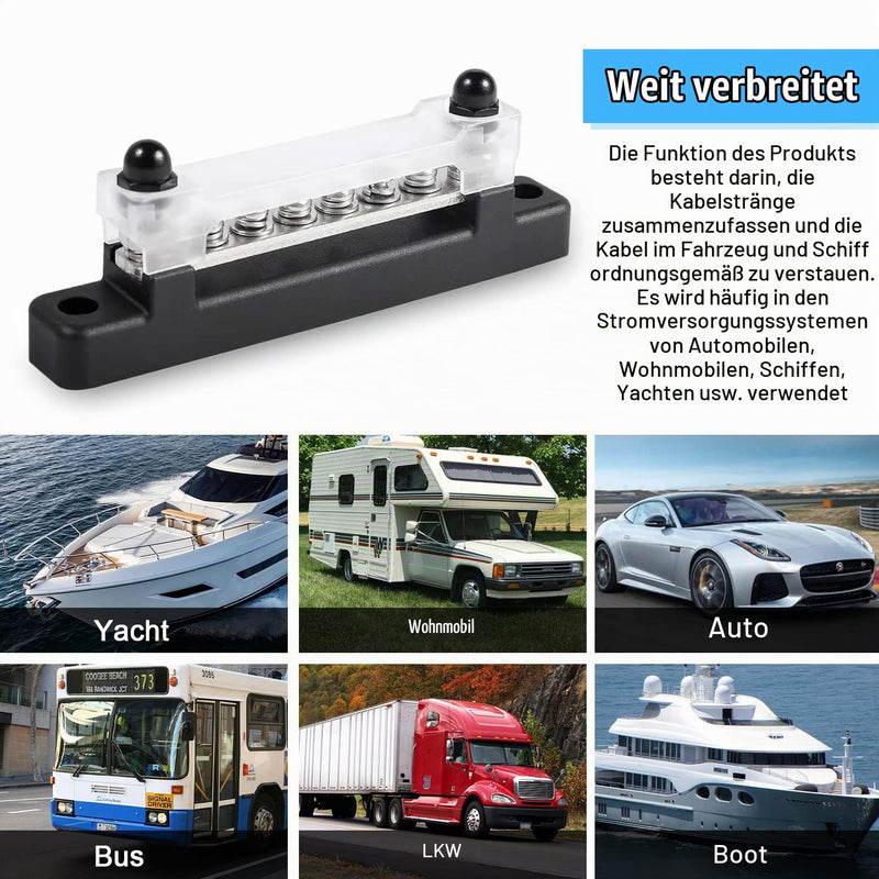6-Pin Busbar Distribution Block | Distributor Block, Busbar Screw Terminal, Busbar for Truck, Bus, Boat black