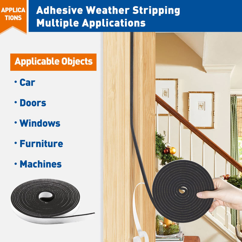 [Australia - AusPower] - MAGZO Weather Stripping Door Seal, 1/2 Inch Wide X 1/8 Inch Thick Adhesive Foam Tape Soundproof Weatherstripping for Windows, 3 Rolls Total 50FT Black 1/2in * 1/8in * 50FT 