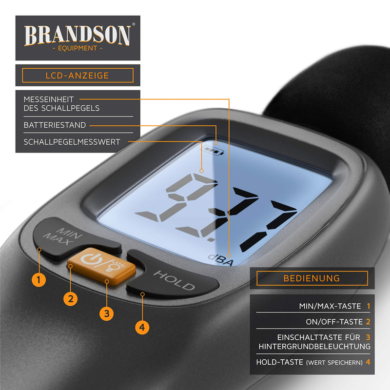 Brandson - Digital Sound Level Meter - Volume Meter - Sound Level Meter - Digital Sound Meter - Pre-Calibrated - 35 dB(A) to 130 dB(A) - Wind Protection - LCD Display