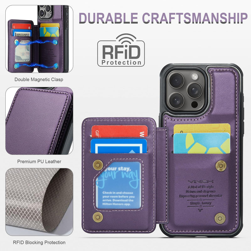 [Australia - AusPower] - for iPhone 15 Pro Max Wallet Case with Card Holder, Case for iPhone 15 Pro Max with RFID Blocking for Women Men, Durable Kickstand Shockproof Phone Case for iPhone 15 Pro Max, Purple iPhone 15 Pro Max - 6.7"-(L) 