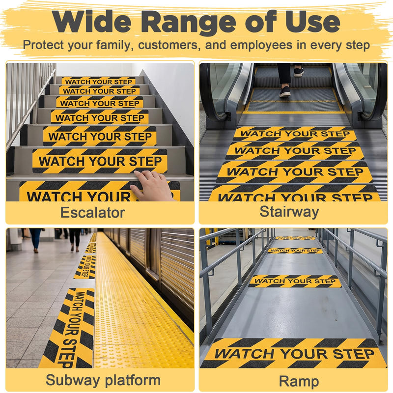 12 Pack Watch Your Step Sticker 6x24 Inch, Watch Your Step Sign Floor Decals, Anti-Slip PVC Stair Stickers, Waterproof Abrasive Tape for Wet Floor Caution, Indoor Outdoor Safety