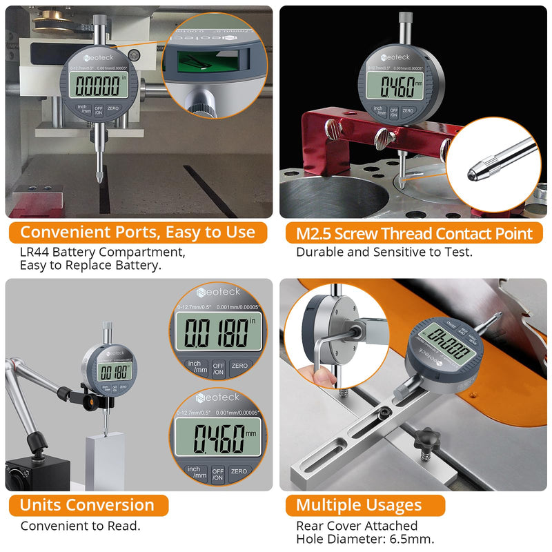 [Australia - AusPower] - Neoteck DTI Digital Dial Indicator 0.5 inch/12.7mm, High Resolution: 0.00005 inch/ 0.001mm, Digital Probe Indicator Dial Test Gauge Silver Gray 0-0.5''/0.00005'' 