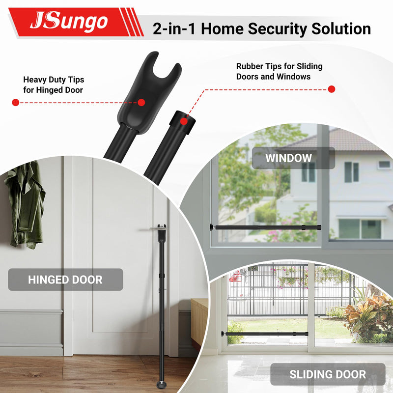 JSungo 2-in-1 Sliding Door Security Bar, Upgrade Doors Stoppers Security, Heavy-Duty Door Jammer Doors Stopper for Sliding Window, Adjustable Door Jammer for Home, Apartment, and Hotel, Black, 1 Pack