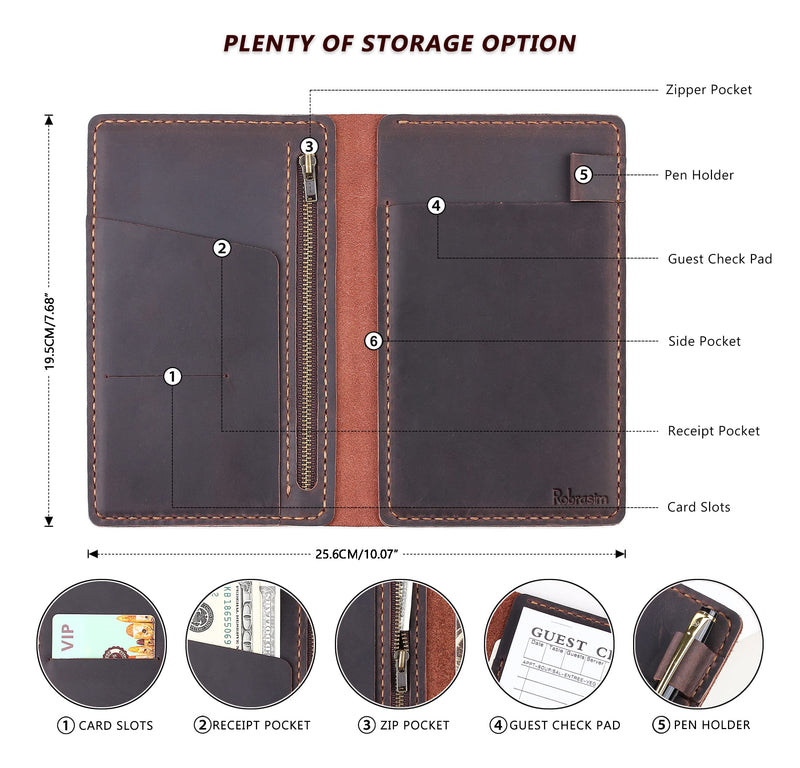 [Australia - AusPower] - Server Book Organizer with Zipper Pocket, Genuine Leather Restaurant Guest Check Presenters Card Holder for Waitress, Waiter Accessories Fit Server Apron - Coffee 