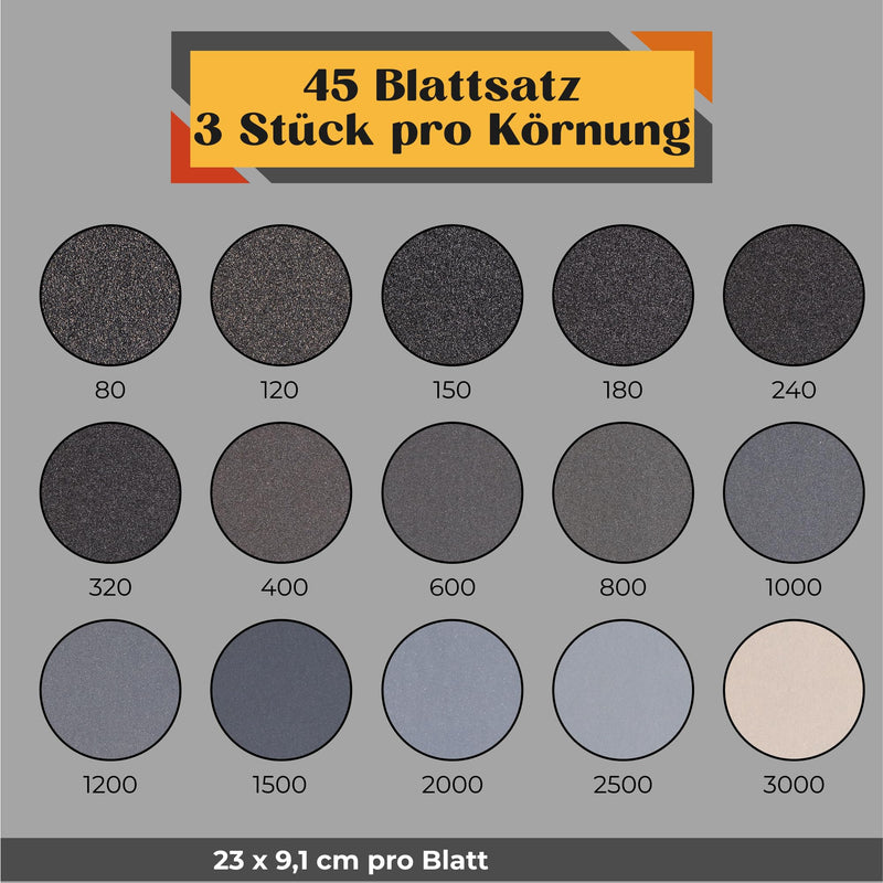 [Australia - AusPower] - Professional sanding sheets, set of 45 with 80 - 3000 grit, wet and dry. Sandpaper for car, furniture, stone, varnish, metal, glass 45 Stück 