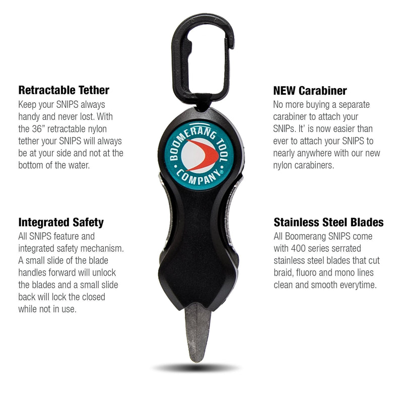 [Australia - AusPower] - Boomerang Tool Company SNIP Fishing Line Cutters with Retractable Tether and Stainless Steel Blades that Cut Braid, Mono and Fluoro Lines Clean and Smooth! Long Fly Snip 