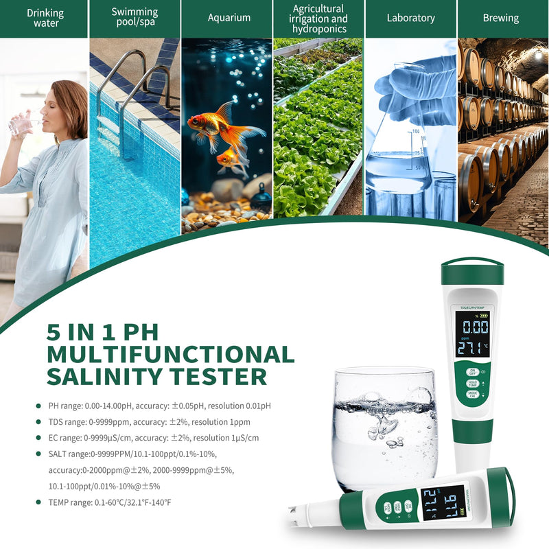 [Australia - AusPower] - 5-in-1 Digital PH Meter, with Voice Function, PH/TDS/EC/Temp/Salt Pool Salt Tester, Waterproof & Rechargeable Pen Meter for Swimming Pools, Fish Tank, Aquariums & Hydroponics 