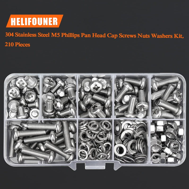 [Australia - AusPower] - 210 Pieces M5 x 6mm /8mm /10mm /12mm /16mm /20mm, Phillips Pan Head Machine Screws, Metric Screws Bolts Washers Nuts Kit, 304 Stainless Steel 
