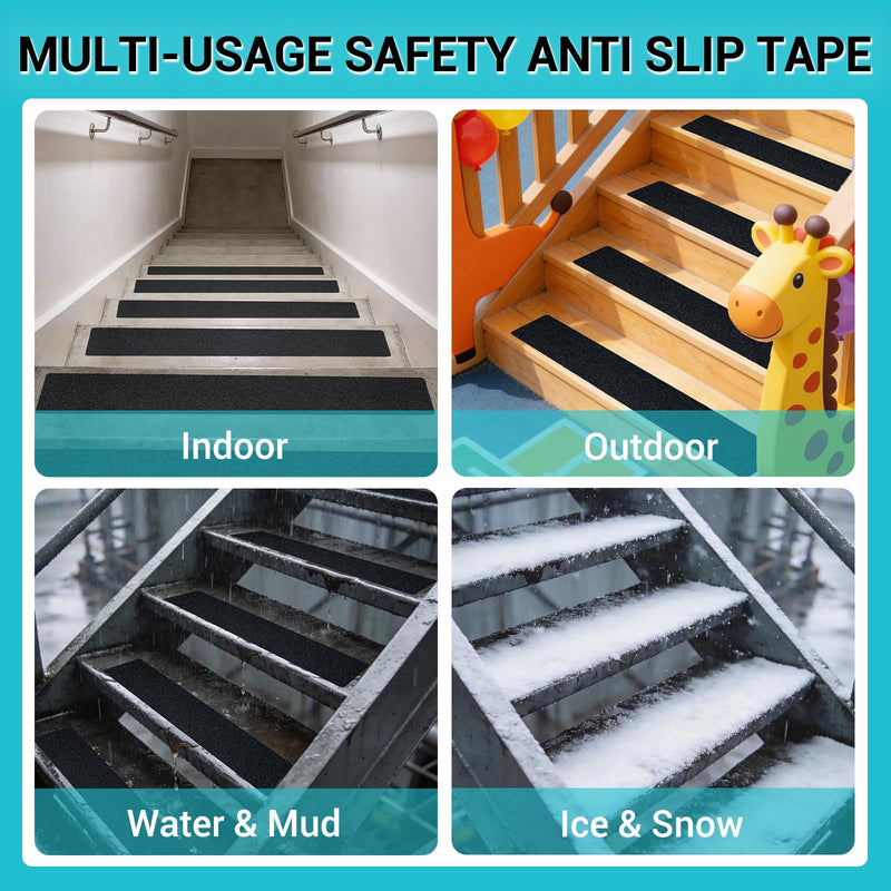 6" x 30" Anti Slip Traction Treads Tape (12-Pack), Pre-Cut Grip Tape for Stair Steps Outdoor, Waterproof Black Non Slip Stair Treads for Floor Safety, Easy to Install 6" x 30" 12