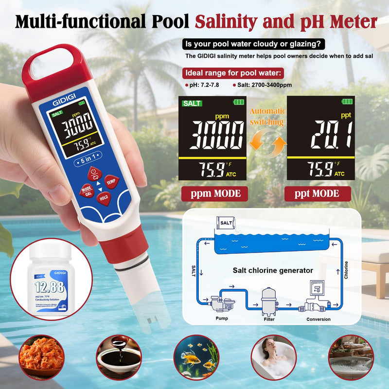 5 in 1 Digital pH Meter TDS EC Temp. Salinity Tester, Update Color Screen Pool Salinity Meter with Calibration Kit, Hydroponic pH Reader with Reset Function for Aquarium Reef Tank Cooking water