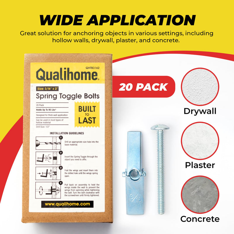 [Australia - AusPower] - QUALIHOME Spring Toggle Bolt Anchors - Heavy Duty Wall Anchors for Hanging Items w/Hollow Walls & More - Stainless Steel Hollow Wall Anchor for Frames, Shelves, Mirrors & More, 20 Pack (3/16" x 2") 3/16" x 2" 
