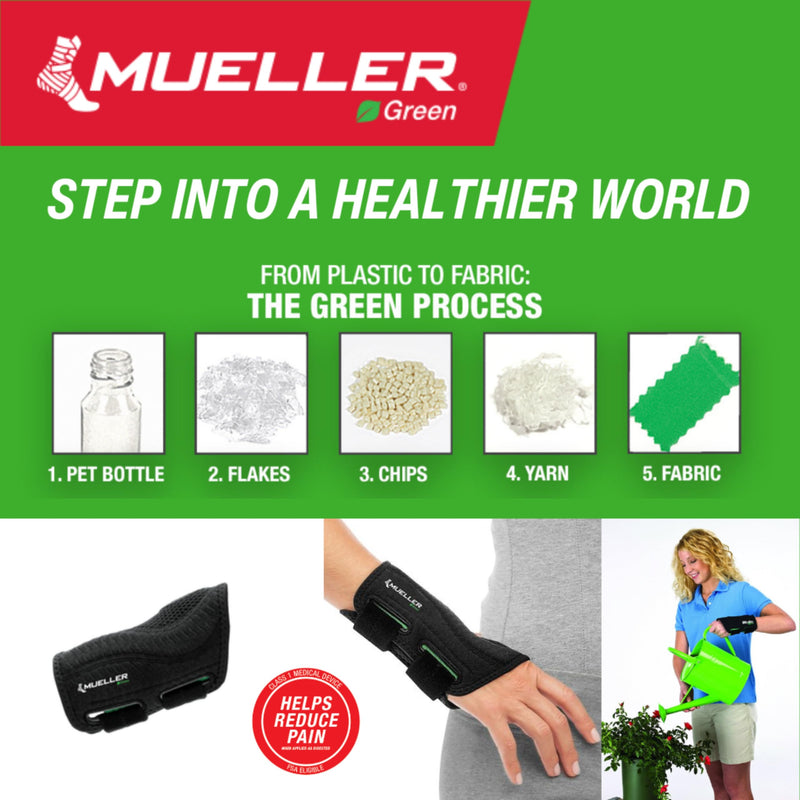 MUELLER Sports Medicine Green Fitted Wrist Brace, Wrist Pain Relief Support for Men and Women, Ideal for Carpal Tunnel, Tendinitis, Arthritis, Right Hand, Black Small/Medium (Pack of 1)