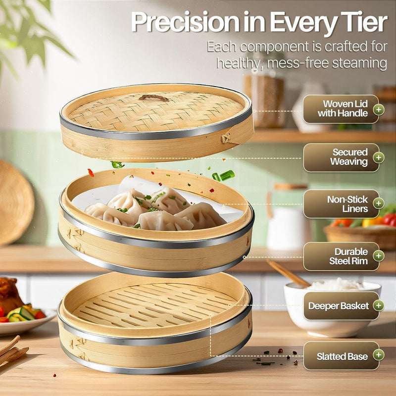 Flexzion Bamboo Steamer Basket Set (8 inch) with Stainless Steel Banding, 50 x Steamer Liners and 2 Pairs of Chopsticks, Steam Baskets for DimSum Dumplings, Rice, Vegetables, Fish and Meat