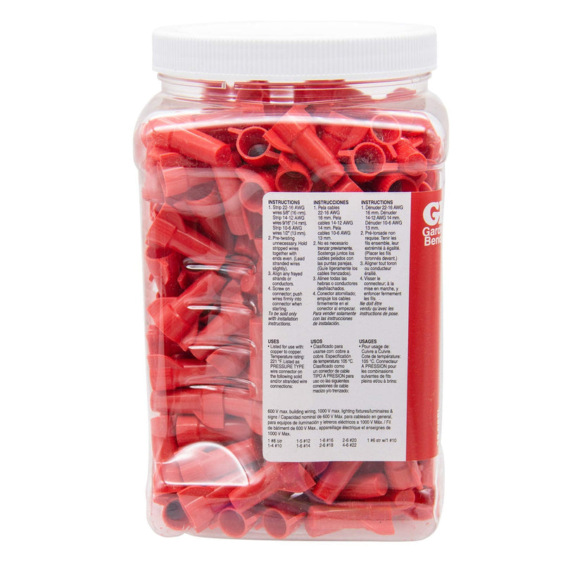 nVent Gardner Bender 16-086L WingGard Ultra Red Twist-On Wire Connectors, 325-Pk Large Jar, 600V-1000V Rated, High-Leverage Wings, Copper to Copper (Formerly: Gardner Bender) 325 Pack 22 - 6 AWG