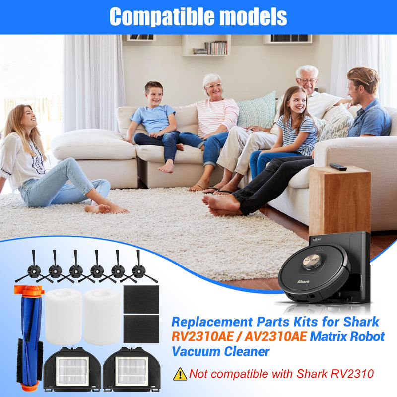 Replacement Parts for Shark RV2310AE/AV2310AE/RV2320S/RV2300S/UR2360S Matrix Robot Vacuum Cleaner,1 Main Brush Roller, 6 Side Brushes, 2 HEPA Filters, 2 Foam Filters(Not for RV2300/RV2310)-13Pack Kits
