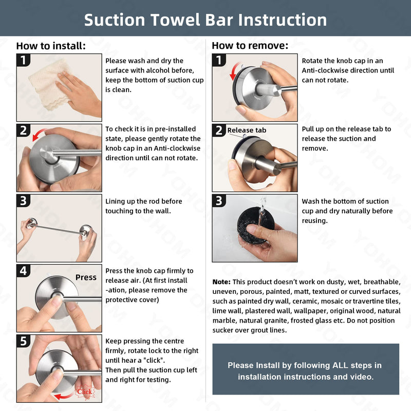 YOHOM Suction Cup Towel Bar for Shower 17 Inch Stainless Steel Bathroom Towel Rack Suction Washcloth Holder Vacuum Hand Towel Bar for Glass Shower Door Removable Towel 17inch-silver