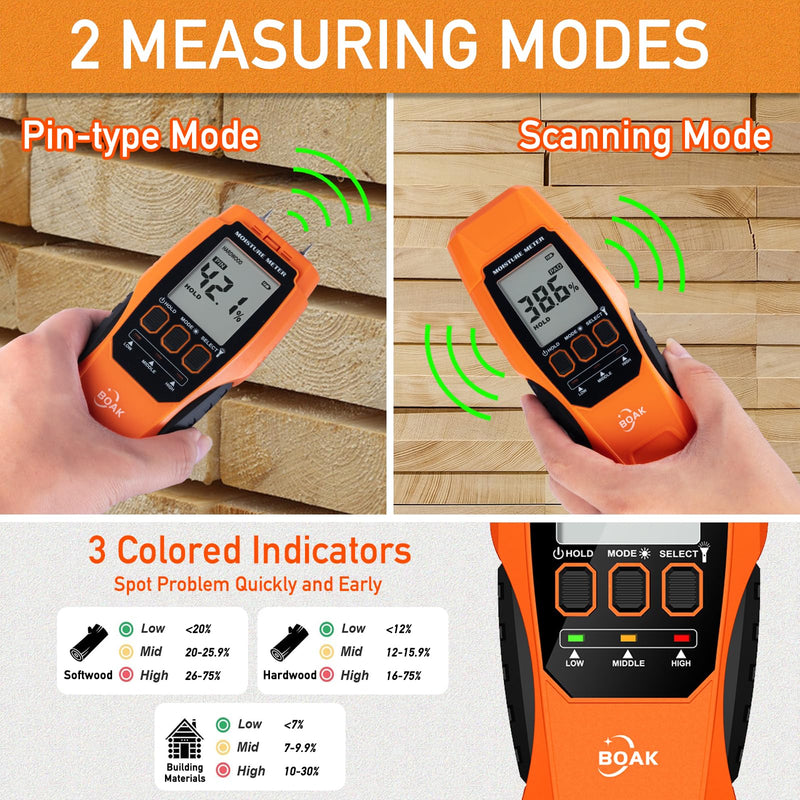 BOAK 2 in 1 Pin & Pinless Moisture Meter,Moisture Test Kit for Home With Self-Testing,Water Leak Detector,Moisture Sensor for Firewood,Drywall Mold Detector With Illumination and Alert.