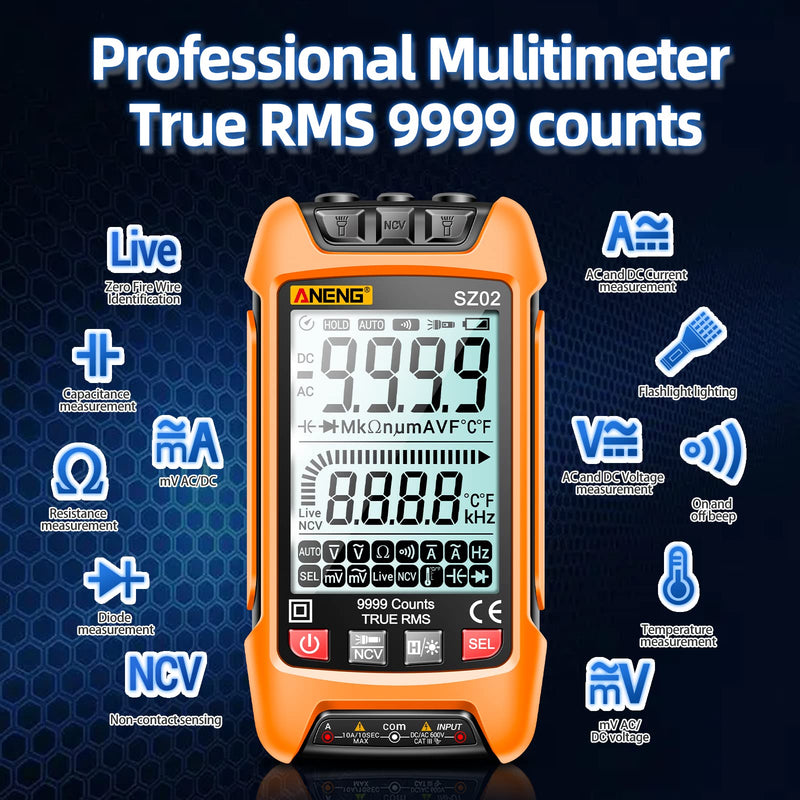 [Australia - AusPower] - ANENG Digital Multimeter Smart Testers TRMS 9999 Counts Anti-Burning Ohm Amp Volt Meter Measures NCV,AC/DC Current/Voltage,Resistance,Continuity,Capacitance,diodes,Auto-ranging Electrical Tools Yellow 
