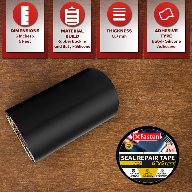 XFasten Waterproof Patch Seal Repair and Leak Shield Tape, 6-Inch x 5-Foot (Black, 6-Inch x 5-Foot) Black