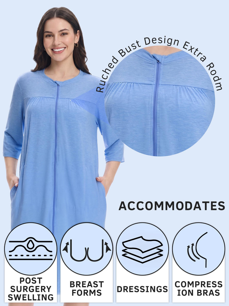 Women's Post Surgery Robe with Drain Pockets Mastectomy Recovery Robe Front Zipper Hospital Gown Pajamas Gift 3X-Large Dusty Blue