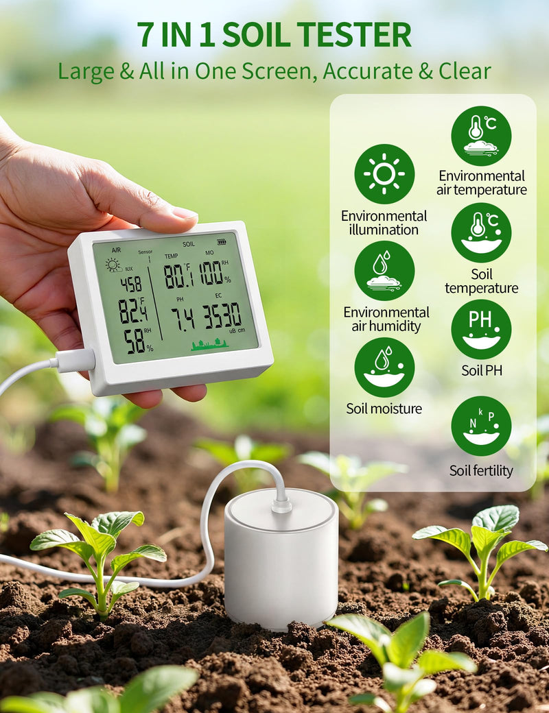 7 in 1 Soil Meter, Digital Soil Test Kit of PH/Sunlight/Fertility/Soil & Air Temp, Humidity Meter for Indoor & Outdoor Plant, Growing Environment Tester with Large LCD Display for Farm, Garden & Lawn