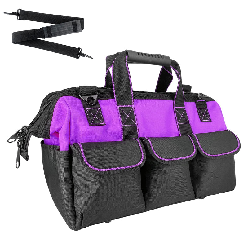 Garden Tools Bag 16 inch Wide Mouth Tool Bag with Molded Base Tool Tote for Women, Heavy Duty,600D polyester fabric (Purple color) Purple color