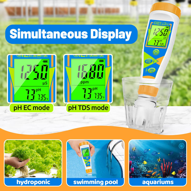 [Australia - AusPower] - pH Meter for Water Digital EC and PPM Meter for Hydroponics Nutrient 4 in 1 pH EC TDS Temperature Tester with Large Display for Indoor Plant Grow DWC Setup Aeroponic Pool Aquarium EC Meter 