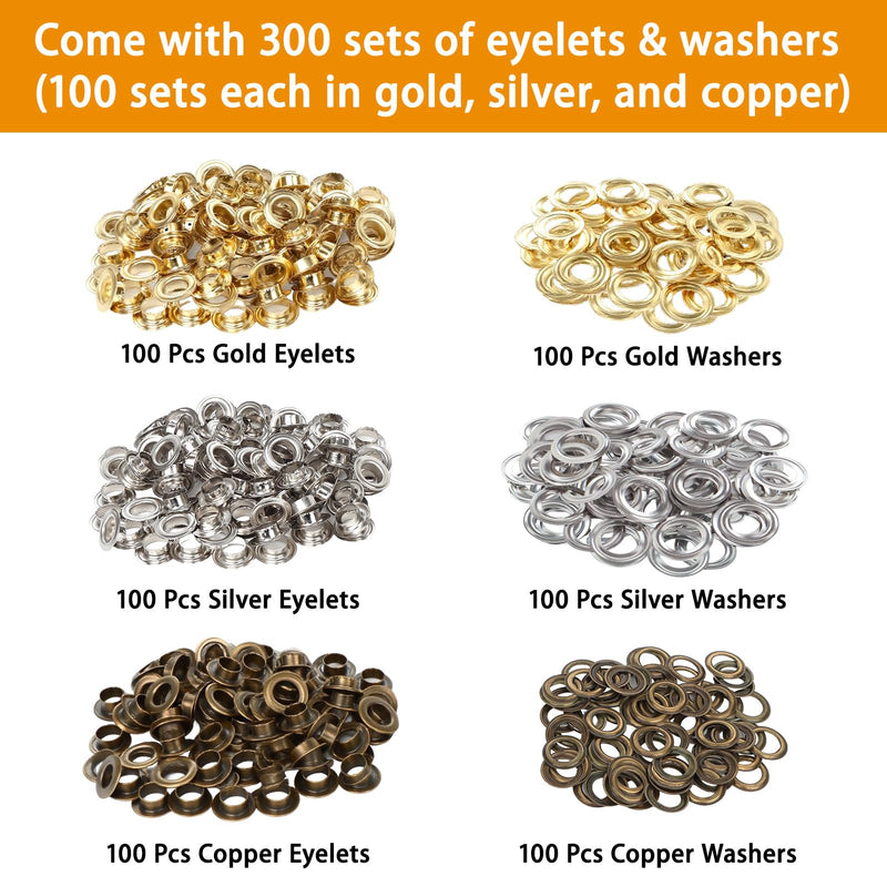 [Australia - AusPower] - 603Pcs 1/2 Inch Grommet Tool Kit, Grommet Eyelet Pliers Kit with 300 Sets Metal Eyelets with Washers(Gold, Silver and Copper), Eyelet Grommet Hand Press kit for Fabric, Leather, Shoes, Belt, Crafts 1/2 Inch-3 Color (603Pcs) 