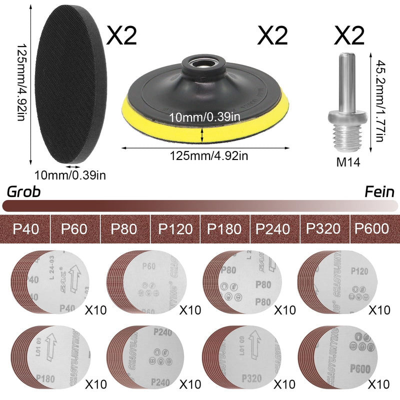 Sanding Discs Set of 80 with 2 M14 Sanding Discs 2 Shaft and 2 Buffer Pads, Sandpaper 125 mm Grit 40/60/80/120/180/240/320/600 for Angle Grinders