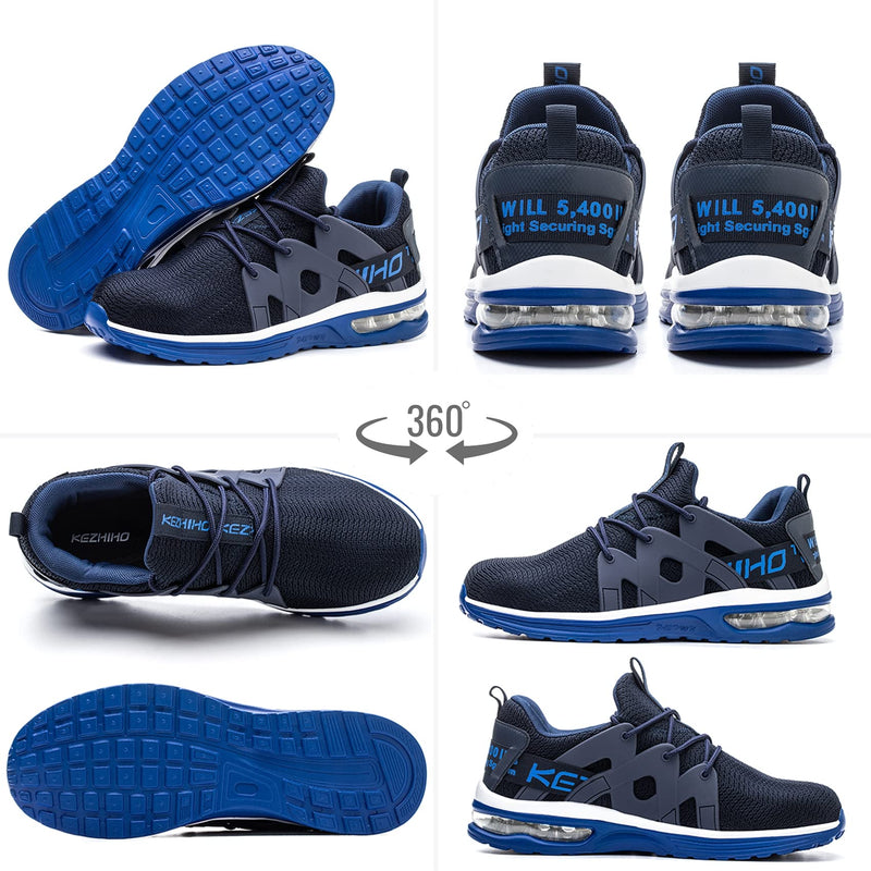 Kezhiho Steel Toe Shoes for Men Women Air Cushion Lightweight Work Shoes Comfortable Breathable Puncture Proof Slip Resistant Sneakers Indestructible Construction Industrial Safety Shoes 6.5 Women/5 Men D02303 Blue White