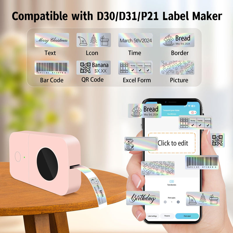 PARLAIM Holographic Sliver Label Tape, 30 X 14mm 210PCS Self Adhesive Thermal Sticker Paper Compatible with D30 1 Roll-210PCS